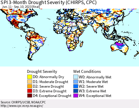 World SPI 3-Month Drought Severity (CHIRPS) Thematic Map For 6/11/2023 - 9/10/2023