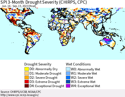 World SPI 3-Month Drought Severity (CHIRPS) Thematic Map For 6/16/2023 - 9/15/2023