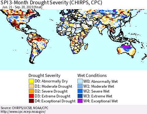 World SPI 3-Month Drought Severity (CHIRPS) Thematic Map For 6/21/2023 - 9/20/2023