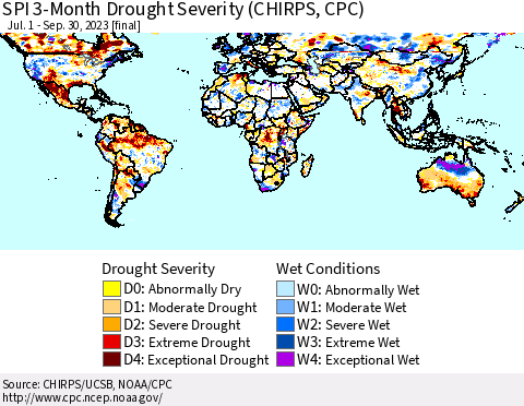 World SPI 3-Month Drought Severity (CHIRPS) Thematic Map For 7/1/2023 - 9/30/2023