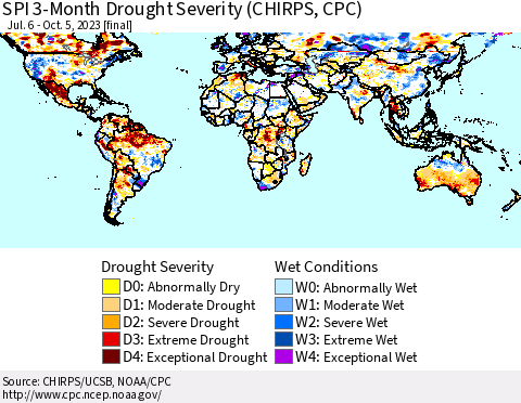 World SPI 3-Month Drought Severity (CHIRPS) Thematic Map For 7/6/2023 - 10/5/2023