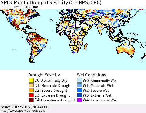 World SPI 3-Month Drought Severity (CHIRPS) Thematic Map For 7/11/2023 - 10/10/2023