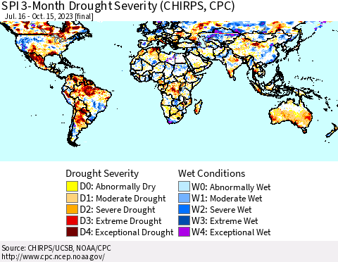 World SPI 3-Month Drought Severity (CHIRPS) Thematic Map For 7/16/2023 - 10/15/2023