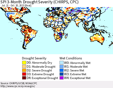 World SPI 3-Month Drought Severity (CHIRPS) Thematic Map For 7/21/2023 - 10/20/2023
