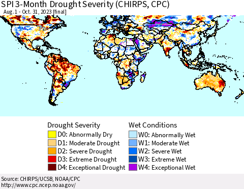 World SPI 3-Month Drought Severity (CHIRPS) Thematic Map For 8/1/2023 - 10/31/2023