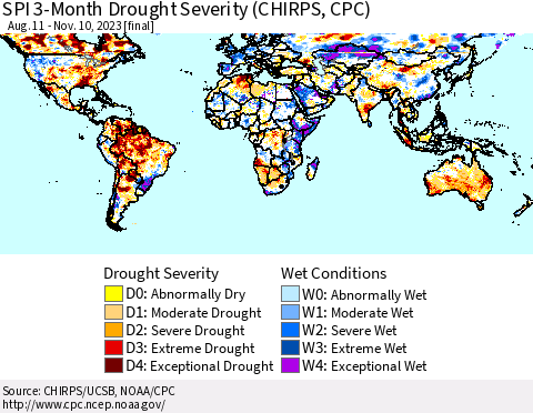 World SPI 3-Month Drought Severity (CHIRPS) Thematic Map For 8/11/2023 - 11/10/2023