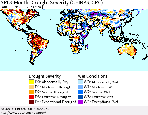 World SPI 3-Month Drought Severity (CHIRPS) Thematic Map For 8/16/2023 - 11/15/2023