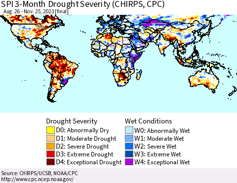 World SPI 3-Month Drought Severity (CHIRPS) Thematic Map For 8/26/2023 - 11/25/2023