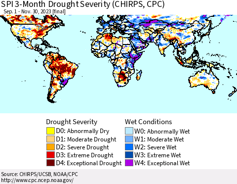 World SPI 3-Month Drought Severity (CHIRPS) Thematic Map For 9/1/2023 - 11/30/2023