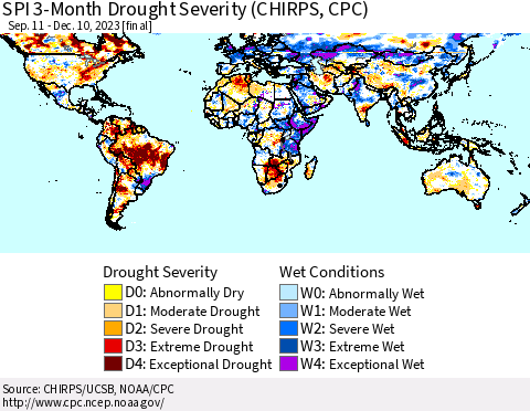 World SPI 3-Month Drought Severity (CHIRPS) Thematic Map For 9/11/2023 - 12/10/2023