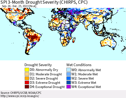 World SPI 3-Month Drought Severity (CHIRPS) Thematic Map For 9/26/2023 - 12/25/2023