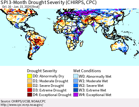 World SPI 3-Month Drought Severity (CHIRPS) Thematic Map For 10/16/2023 - 1/15/2024