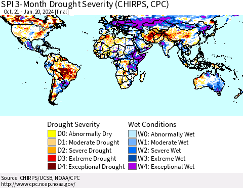 World SPI 3-Month Drought Severity (CHIRPS) Thematic Map For 10/21/2023 - 1/20/2024