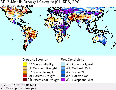 World SPI 3-Month Drought Severity (CHIRPS) Thematic Map For 10/26/2023 - 1/25/2024