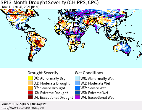 World SPI 3-Month Drought Severity (CHIRPS) Thematic Map For 11/1/2023 - 1/31/2024