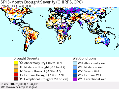 World SPI 3-Month Drought Severity (CHIRPS) Thematic Map For 11/6/2023 - 2/5/2024