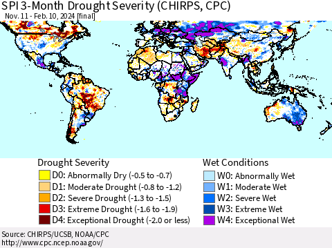 World SPI 3-Month Drought Severity (CHIRPS) Thematic Map For 11/11/2023 - 2/10/2024