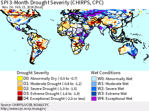 World SPI 3-Month Drought Severity (CHIRPS) Thematic Map For 11/16/2023 - 2/15/2024