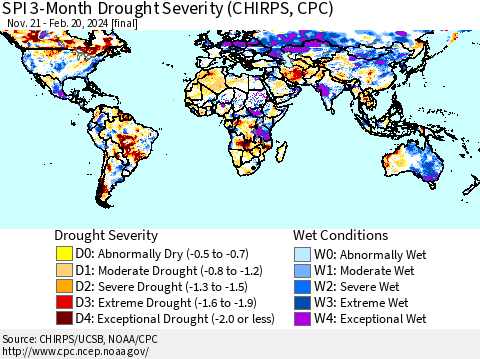World SPI 3-Month Drought Severity (CHIRPS) Thematic Map For 11/21/2023 - 2/20/2024