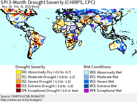 World SPI 3-Month Drought Severity (CHIRPS) Thematic Map For 11/26/2023 - 2/25/2024
