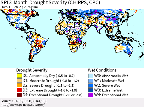 World SPI 3-Month Drought Severity (CHIRPS) Thematic Map For 12/1/2023 - 2/29/2024