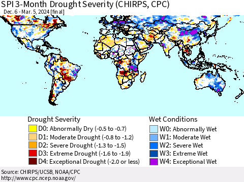 World SPI 3-Month Drought Severity (CHIRPS) Thematic Map For 12/6/2023 - 3/5/2024