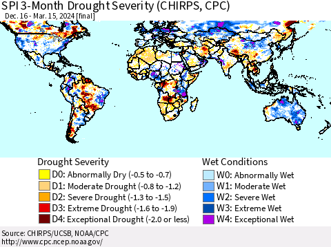 World SPI 3-Month Drought Severity (CHIRPS) Thematic Map For 12/16/2023 - 3/15/2024