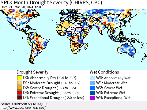 World SPI 3-Month Drought Severity (CHIRPS) Thematic Map For 12/21/2023 - 3/20/2024