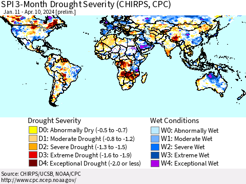 World SPI 3-Month Drought Severity (CHIRPS) Thematic Map For 1/11/2024 - 4/10/2024