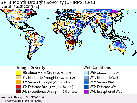 World SPI 3-Month Drought Severity (CHIRPS) Thematic Map For 1/26/2024 - 4/25/2024