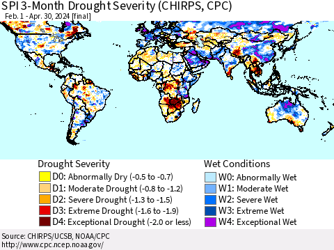 World SPI 3-Month Drought Severity (CHIRPS) Thematic Map For 2/1/2024 - 4/30/2024