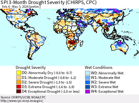 World SPI 3-Month Drought Severity (CHIRPS) Thematic Map For 2/6/2024 - 5/5/2024