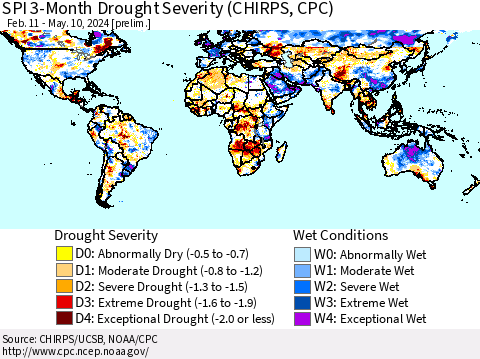 World SPI 3-Month Drought Severity (CHIRPS) Thematic Map For 2/11/2024 - 5/10/2024