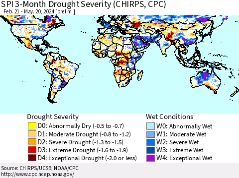 World SPI 3-Month Drought Severity (CHIRPS) Thematic Map For 2/21/2024 - 5/20/2024