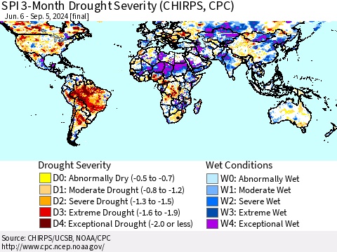 World SPI 3-Month Drought Severity (CHIRPS) Thematic Map For 6/6/2024 - 9/5/2024