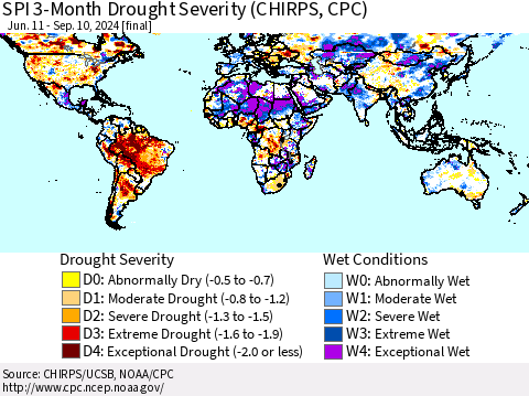 World SPI 3-Month Drought Severity (CHIRPS) Thematic Map For 6/11/2024 - 9/10/2024