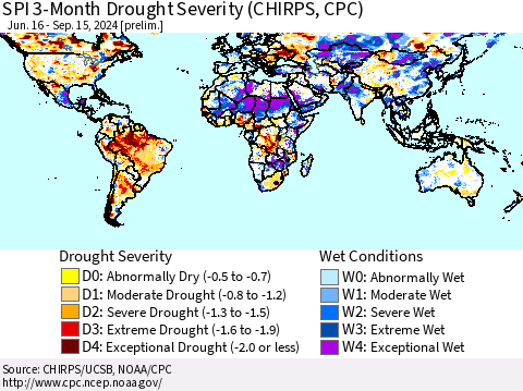 World SPI 3-Month Drought Severity (CHIRPS) Thematic Map For 6/16/2024 - 9/15/2024