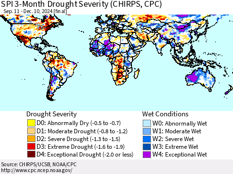 World SPI 3-Month Drought Severity (CHIRPS) Thematic Map For 9/11/2024 - 12/10/2024