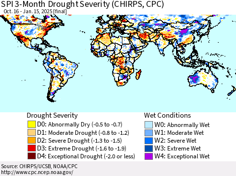 World SPI 3-Month Drought Severity (CHIRPS) Thematic Map For 10/16/2024 - 1/15/2025