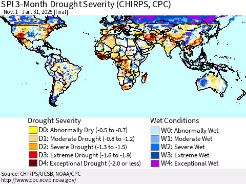World SPI 3-Month Drought Severity (CHIRPS) Thematic Map For 11/1/2024 - 1/31/2025