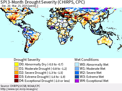 World SPI 3-Month Drought Severity (CHIRPS) Thematic Map For 12/26/2024 - 3/25/2025