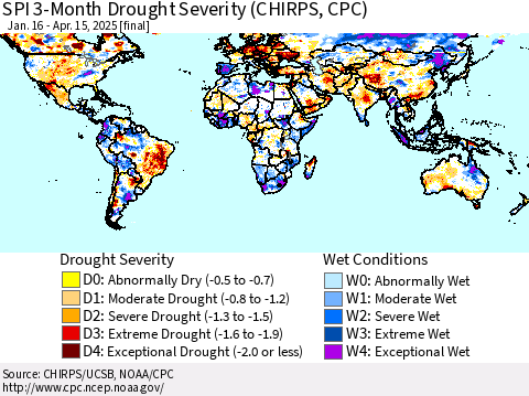 World SPI 3-Month Drought Severity (CHIRPS) Thematic Map For 1/16/2025 - 4/15/2025