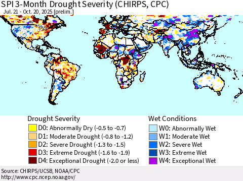 World SPI 3-Month Drought Severity (CHIRPS) Thematic Map For 7/21/2025 - 10/20/2025