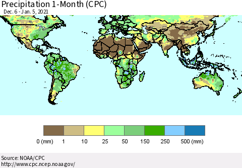 World Precipitation 1-Month (CPC) Thematic Map For 12/6/2020 - 1/5/2021