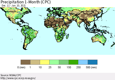 World Precipitation 1-Month (CPC) Thematic Map For 12/11/2020 - 1/10/2021