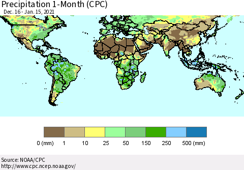 World Precipitation 1-Month (CPC) Thematic Map For 12/16/2020 - 1/15/2021