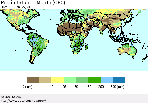 World Precipitation 1-Month (CPC) Thematic Map For 12/26/2020 - 1/25/2021