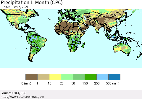 World Precipitation 1-Month (CPC) Thematic Map For 1/6/2021 - 2/5/2021