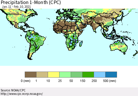 World Precipitation 1-Month (CPC) Thematic Map For 1/11/2021 - 2/10/2021