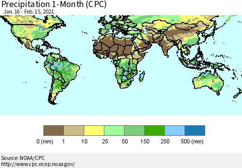 World Precipitation 1-Month (CPC) Thematic Map For 1/16/2021 - 2/15/2021